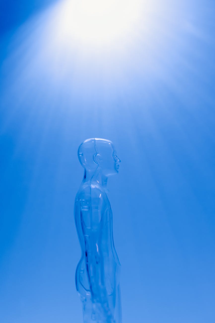 I asked AI about the evidence for the existence of God - clear mannequin on blue background